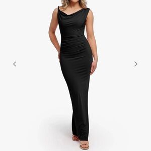 Popilush Elegant Black Maxi Dress, w/shapewear incorporated off shoulder twist